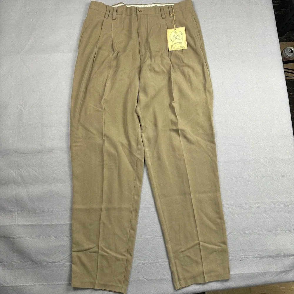 Tommy Bahama Relax The Fishbone Silk Pleated Pants Almond Khaki Herringbone NEW